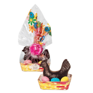 Gallina di cioccolato extra fondente 250gr con 3 ovette zuccherate, in cestino